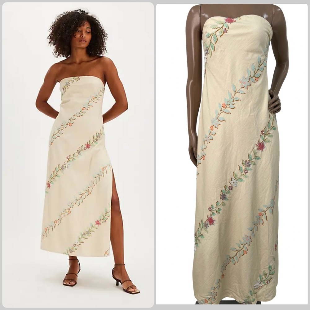 NEW Free People Floral Visions Embellished Strapless Maxi‎ Dress Ivory Boho